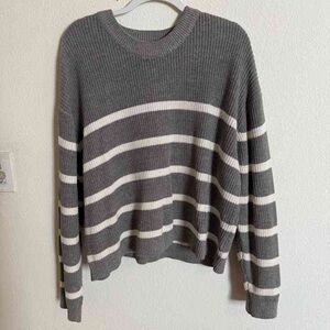 Gray and White Striped Crew Neck Sweater